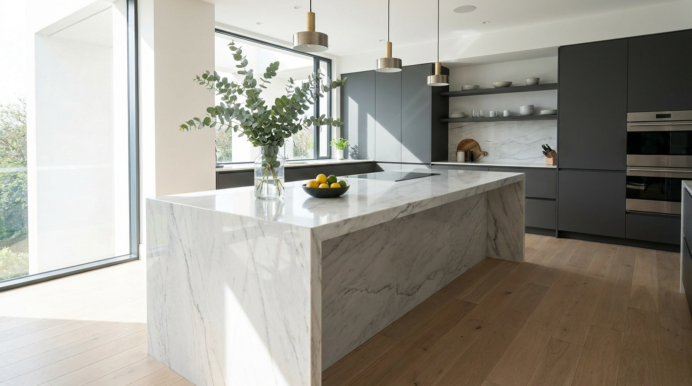 Cuisine moderne lumineuse, îlot central en marbre blanc, mobilier anthracite, sol parquet. Vue sur verdure par grandes fenêtres.