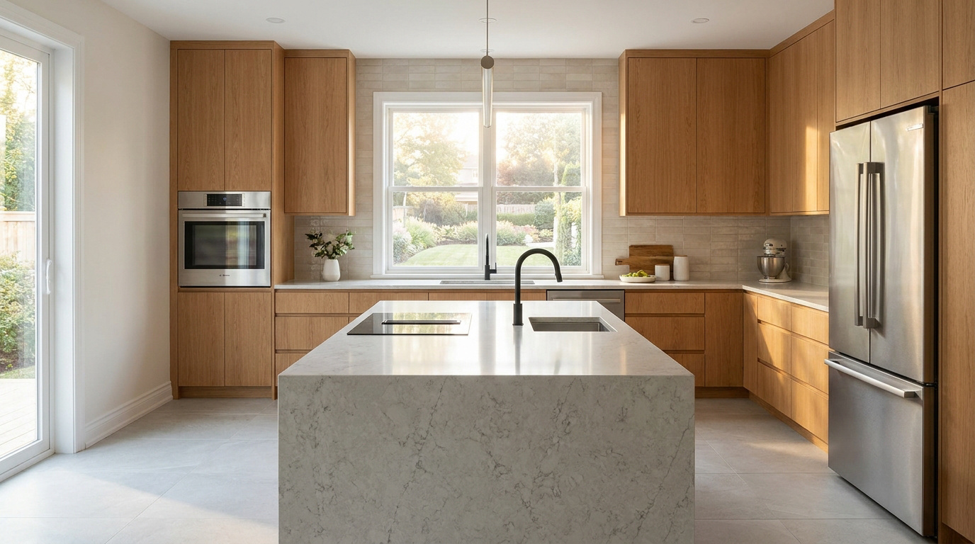 Cuisine moderne et lumineuse avec armoires en bois clair, grand îlot central en quartz, électroménager inox et fenêtre avec vue sur jardin.