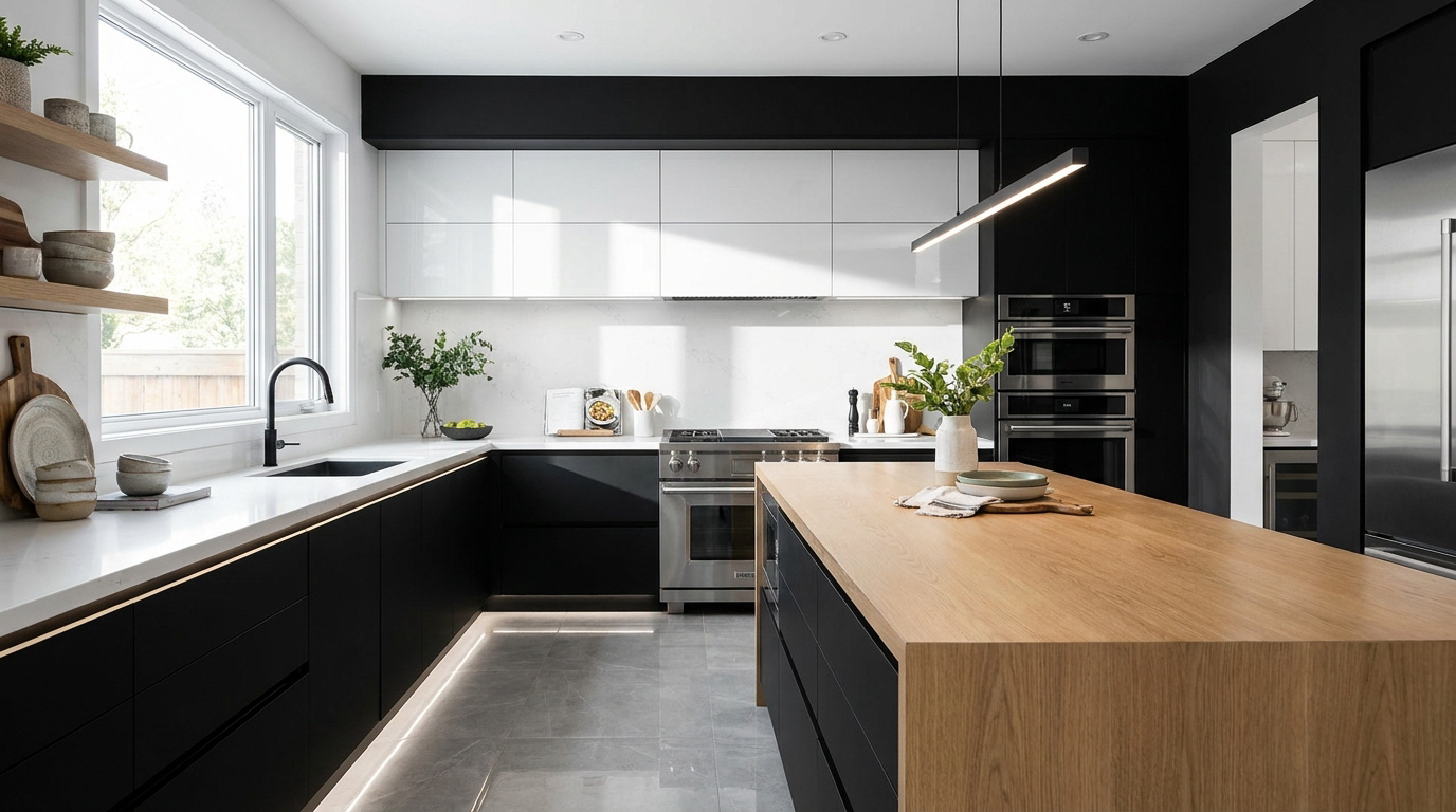 Cuisine contemporaine noir et blanc. Armoires basses noires, hautes blanches, îlot en bois clair. Électroménager inox et éclairage intégré.