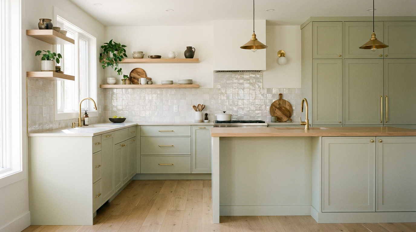 Cuisine moderne et lumineuse aux armoires vert amande, étagères en bois clair, crédence texturée et robinetterie laiton.