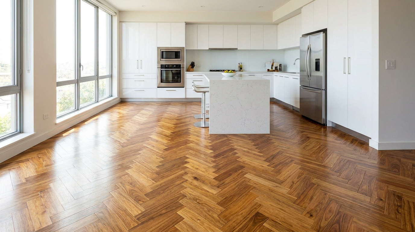 Cuisine moderne et lumineuse avec parquet en bois clair posé en chevrons, mobilier blanc, îlot central et grandes fenêtres.