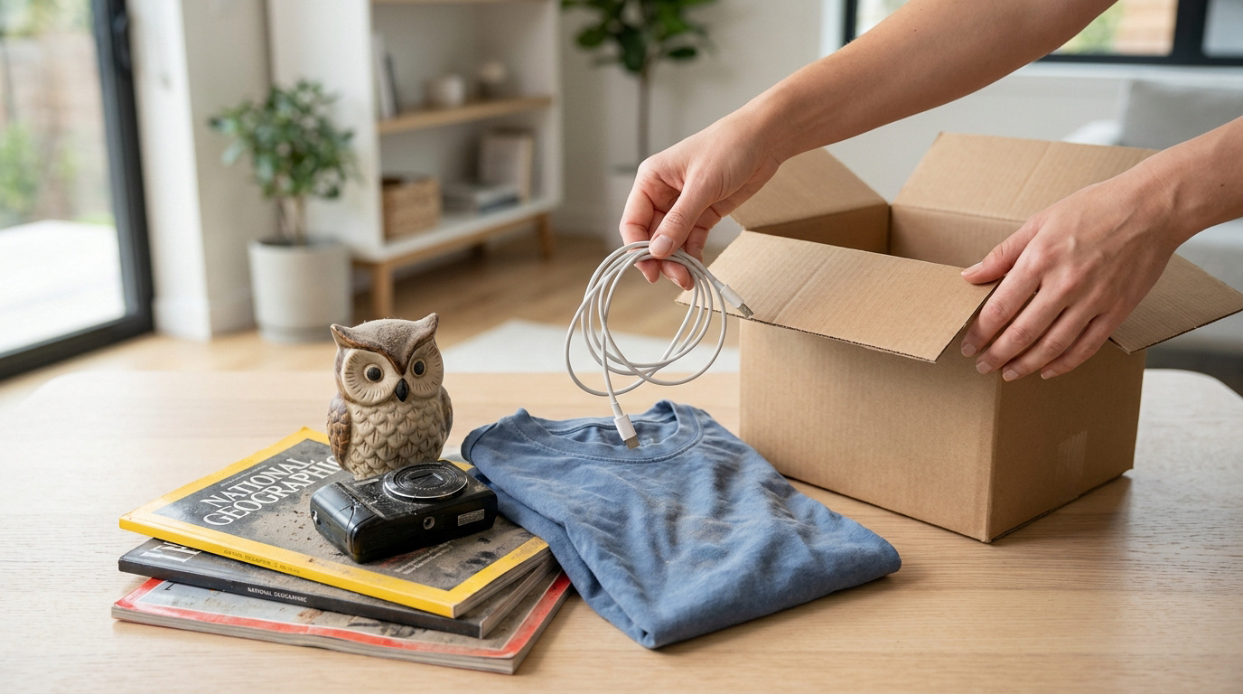 Mains humaines emballant des objets variés (câble, t-shirt, appareil photo, magazines, chouette) dans une boîte en carton.