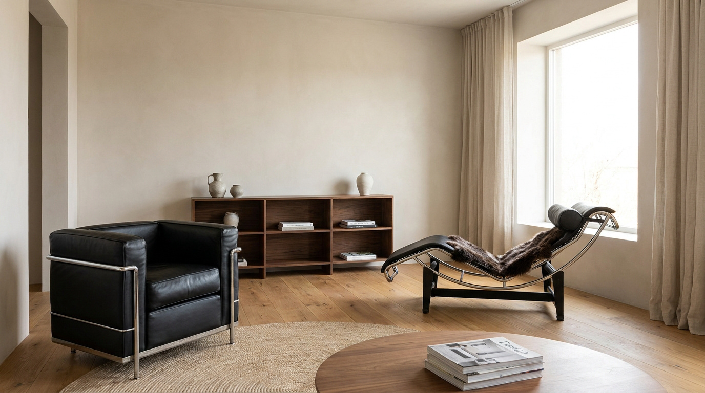 Salon moderne lumineux avec fauteuil et chaise longue emblématiques de Charlotte Perriand. Murs clairs, bois et lumière naturelle.