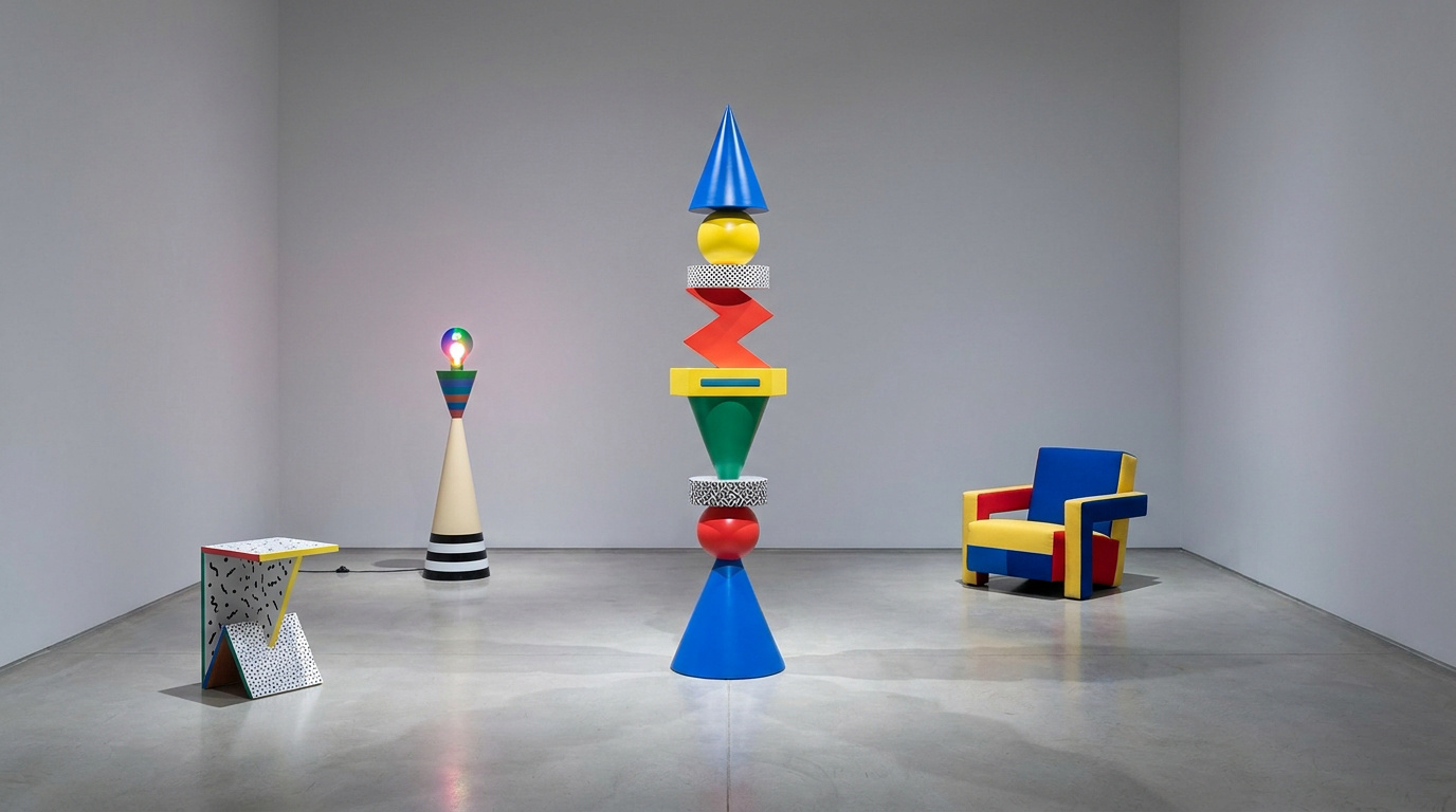 Vue d'une galerie présentant des œuvres d'Ettore Sottsass : un totem sculptural, une lampe, une table basse et un fauteuil aux formes et couleurs vives.