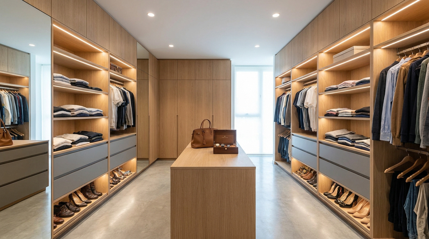 Un grand dressing moderne en bois clair avec étagères lumineuses, vêtements, chaussures et un îlot central élégant.