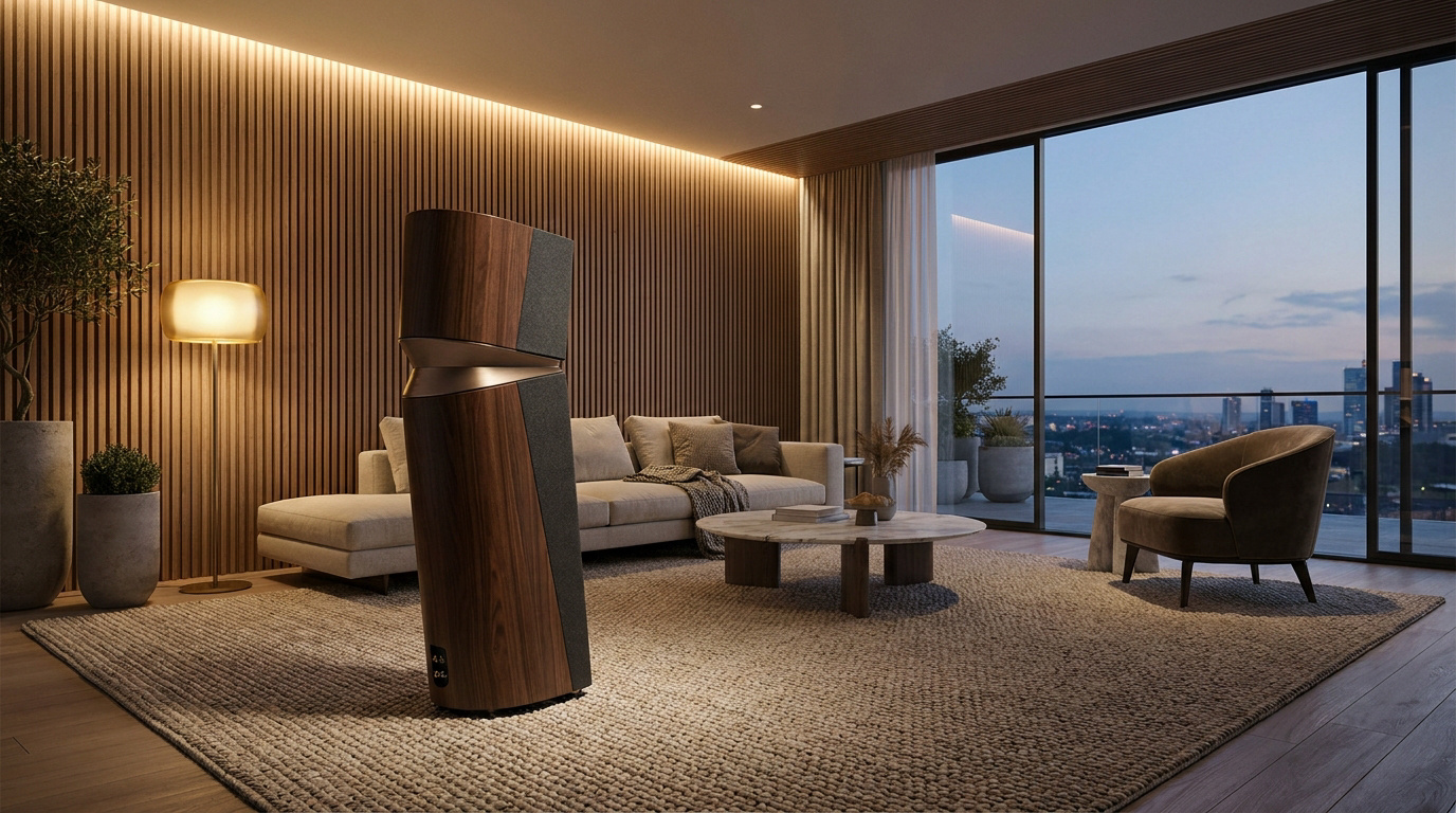 Un salon luxueux avec une enceinte design en bois et tissu, un canapé beige, une table basse, et une grande fenêtre avec vue sur la ville au crépuscule.