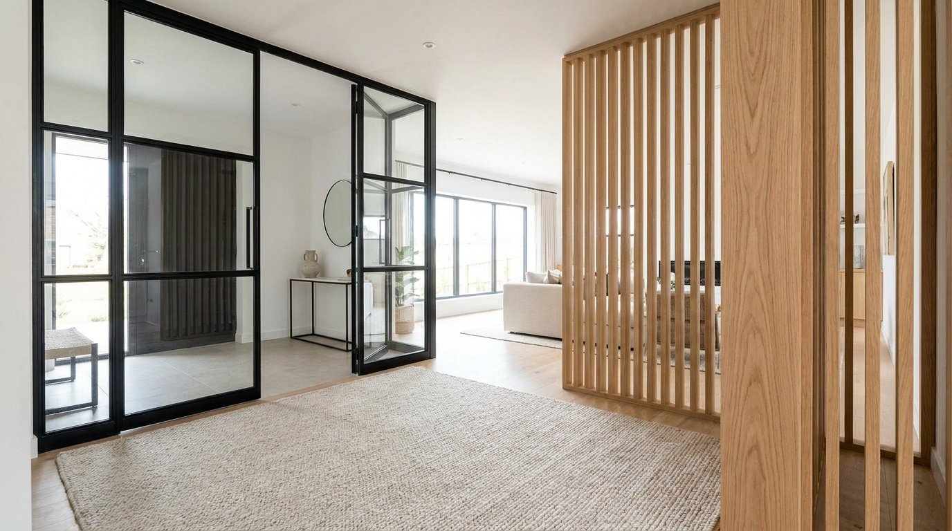 Vue d'une entrée moderne délimitée par une verrière noire et un claustra en bois menant à un salon lumineux avec canapé.