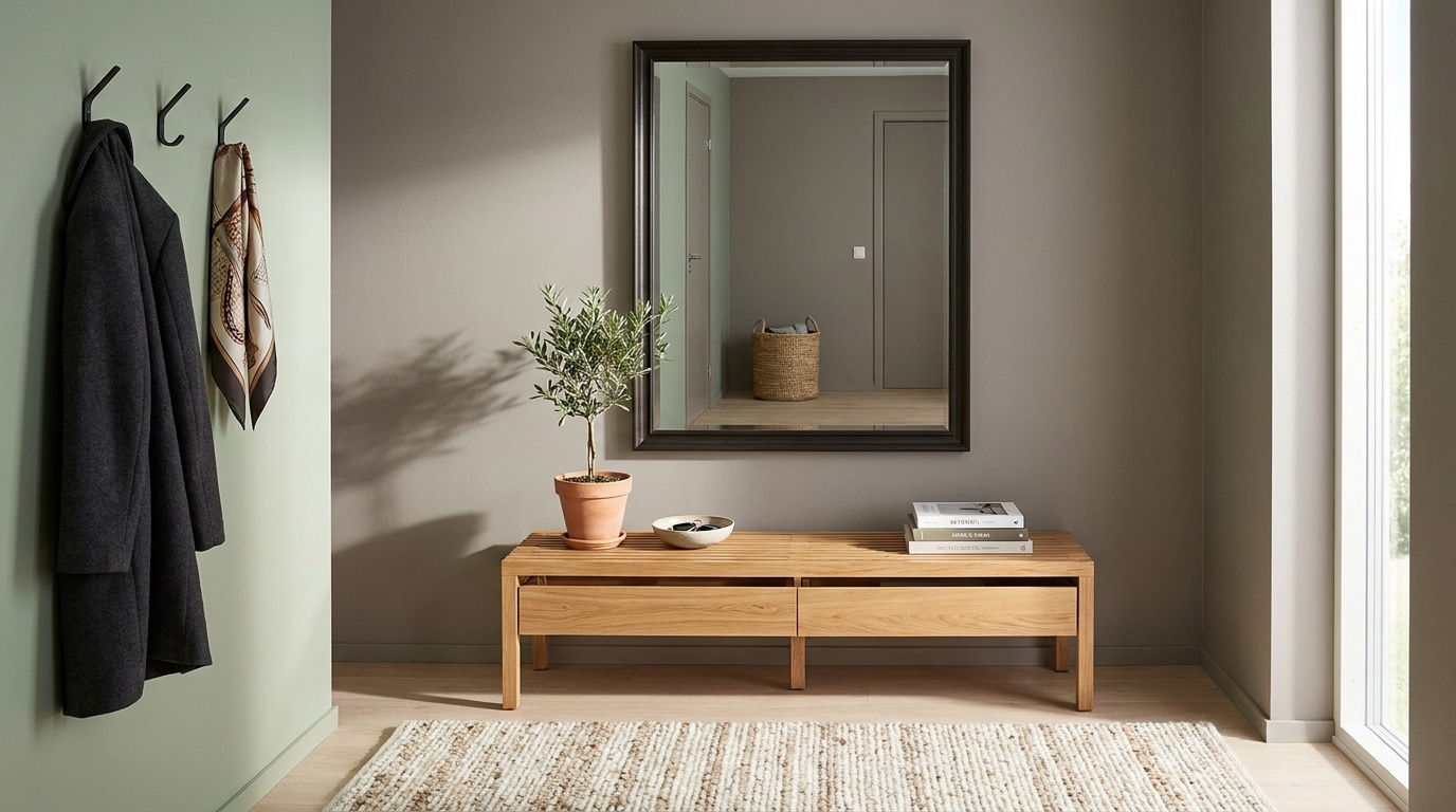 Entrée moderne et fonctionnelle. Mur vert clair avec patères, manteau et écharpe. Banc en bois, miroir, plante, tapis.