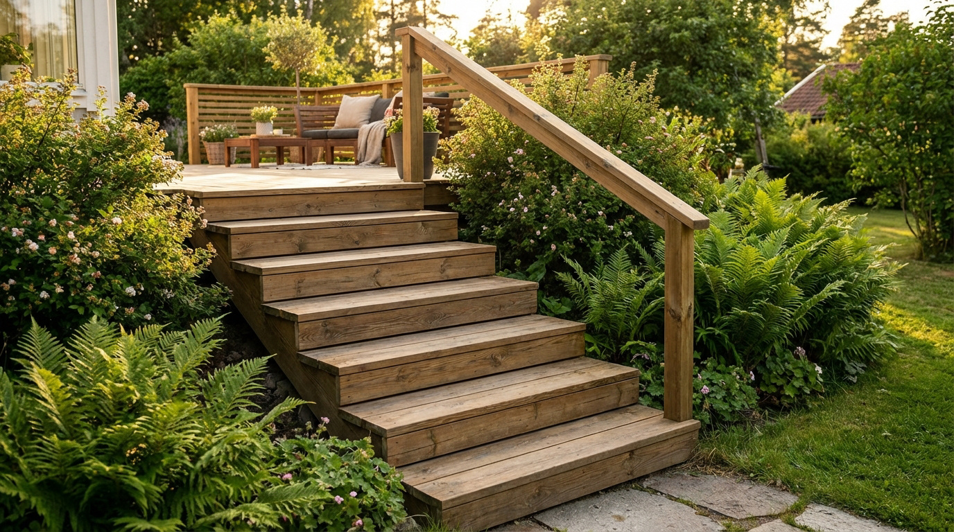 Escalier en bois solide et rampe, menant à une terrasse accueillante, entouré de fougères et buissons fleuris, sous un soleil doux.