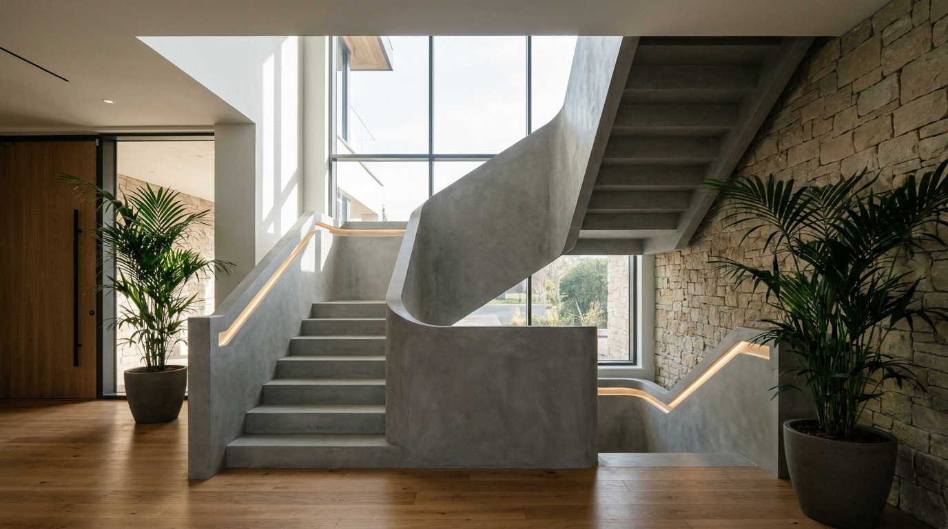 Vue d'un escalier moderne en béton gris avec mains courantes éclairées, grandes fenêtres, sol en bois et mur en pierre.