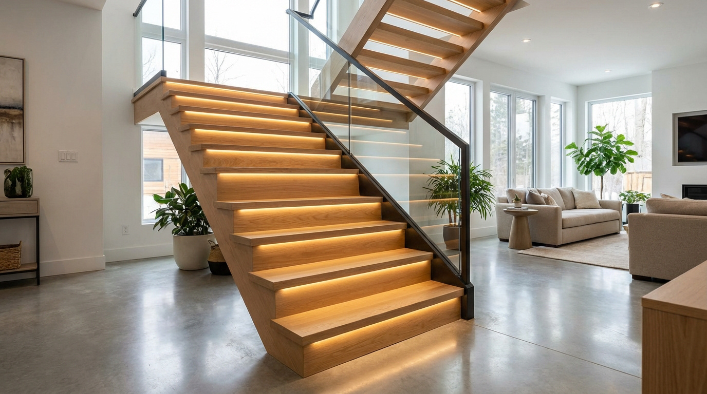 Escalier en bois clair moderne avec marches éclairées par LED et garde-corps en verre, dans un intérieur lumineux et contemporain.