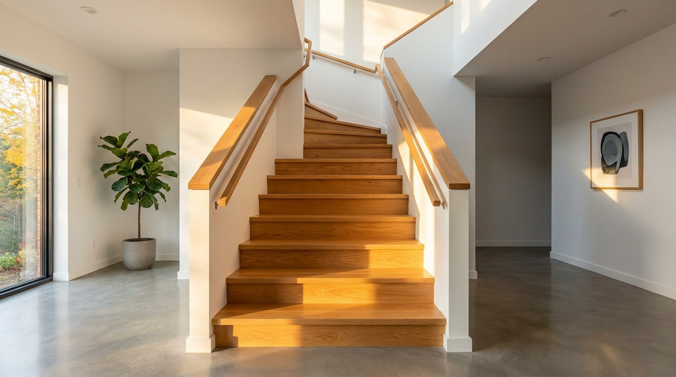 Escalier moderne en bois clair dans une entrée lumineuse, murs blancs, sol en béton ciré, plante et fenêtre.