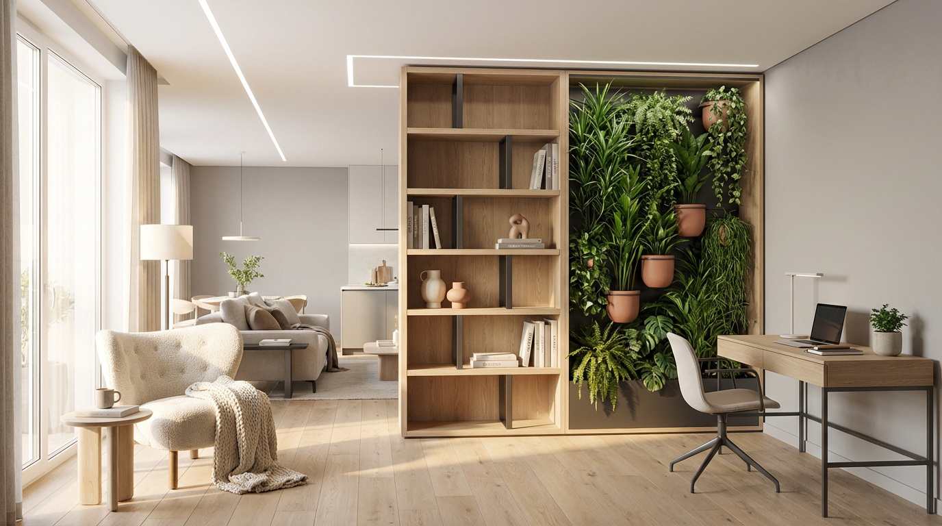 Une cloison modulaire en bois séparant un salon d'un bureau, intégrant une bibliothèque et un mur végétal luxuriant.