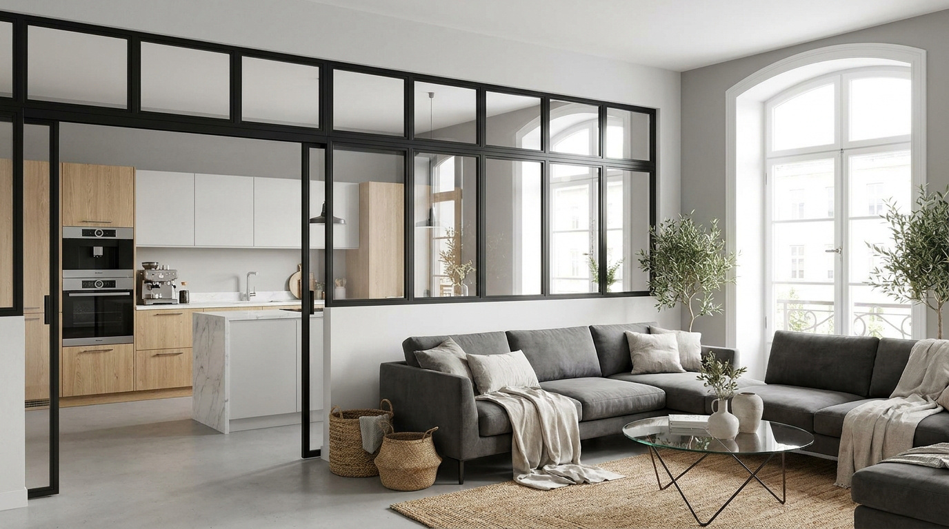 Cuisine et salon modernes séparés par une verrière noire, baignés de lumière. Décoration élégante avec canapé gris et mobilier en bois clair.