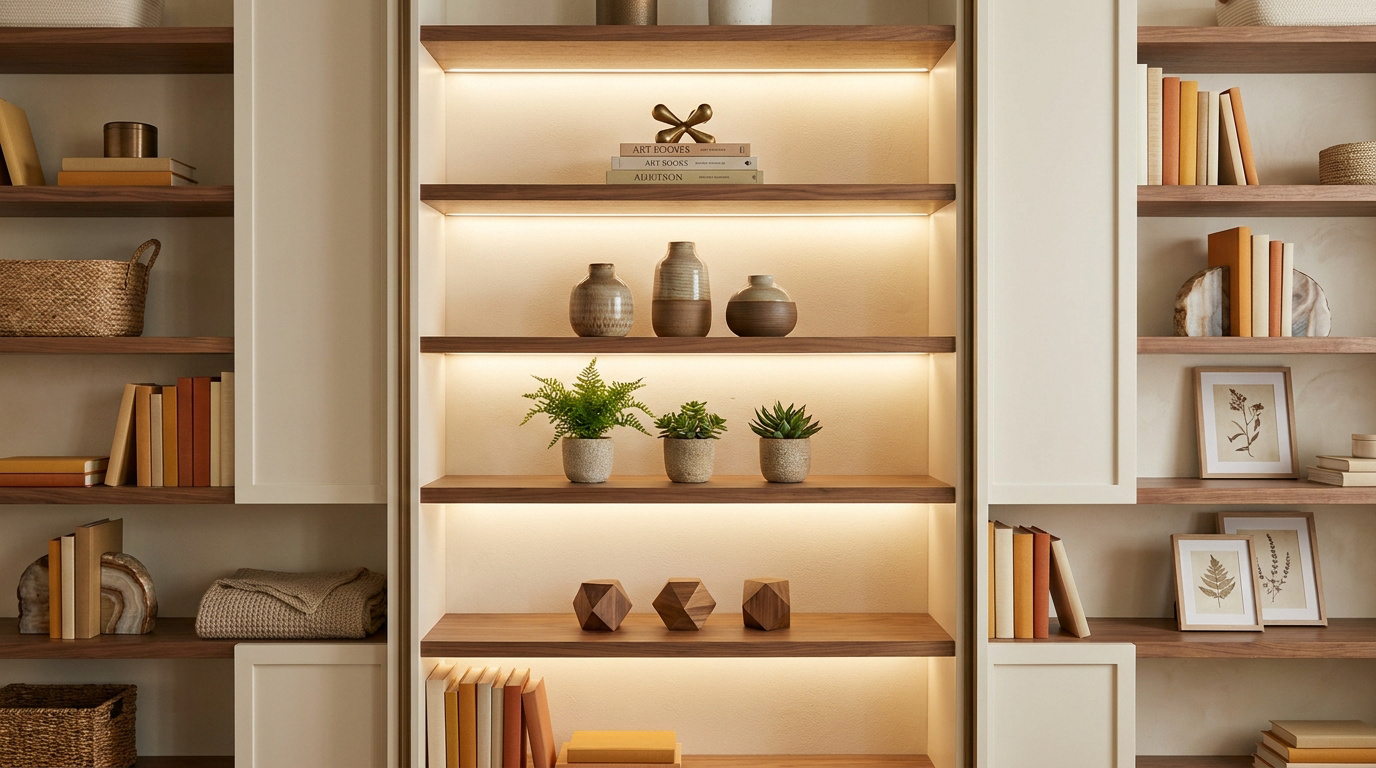 Bibliothèque moderne et élégante avec éclairage intégré, étagères en bois, livres, vases, plantes et objets décoratifs harmonieux.