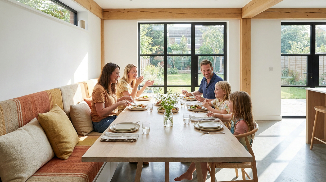 Famille heureuse partageant un repas sur une table avec banc intégré. Lumière naturelle, grandes fenêtres, ambiance conviviale.