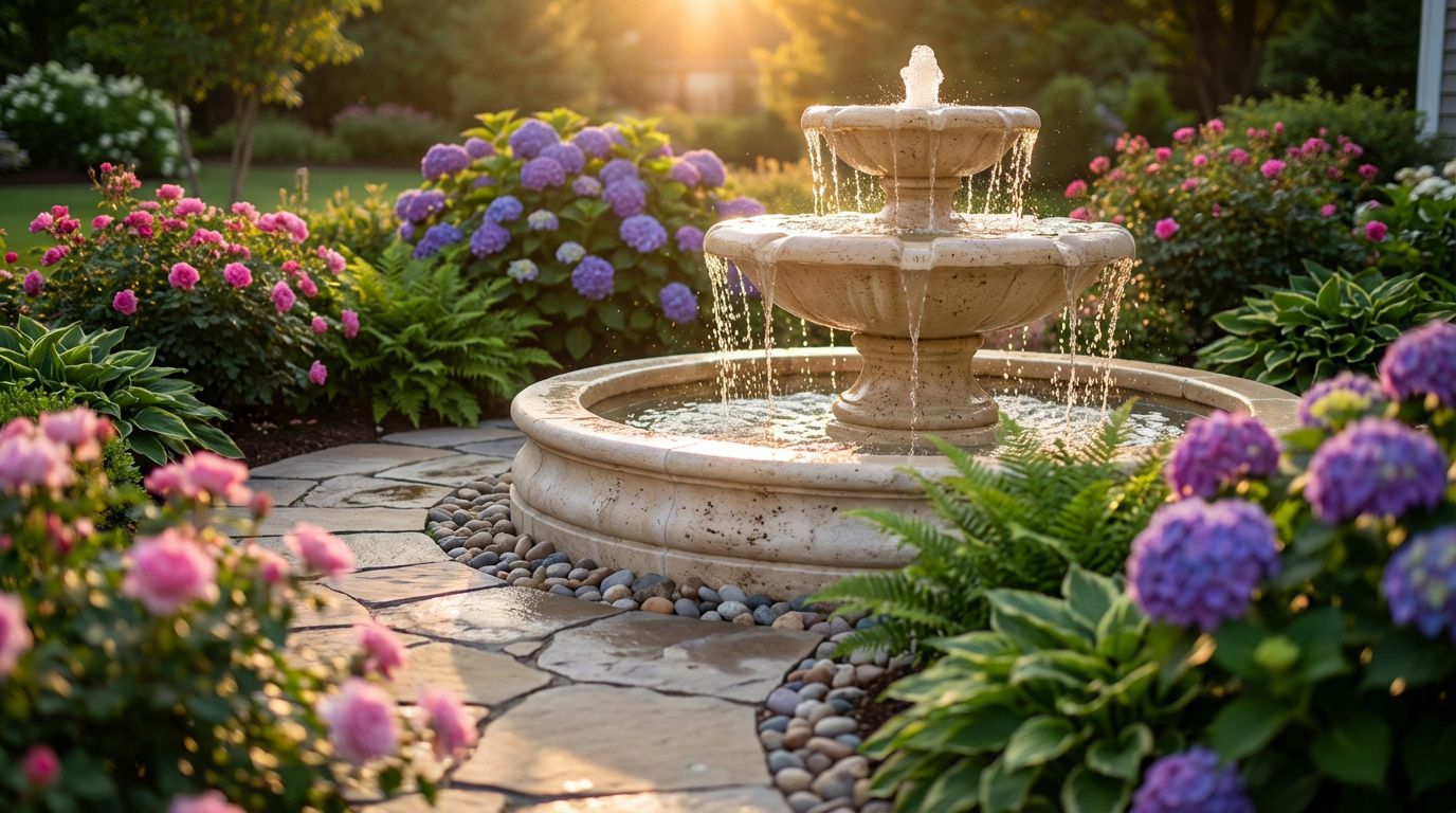 Fontaine de jardin en pierre à paliers, entourée de roses roses, d'hortensias violets et de verdure. Lumière dorée de fin de journée.