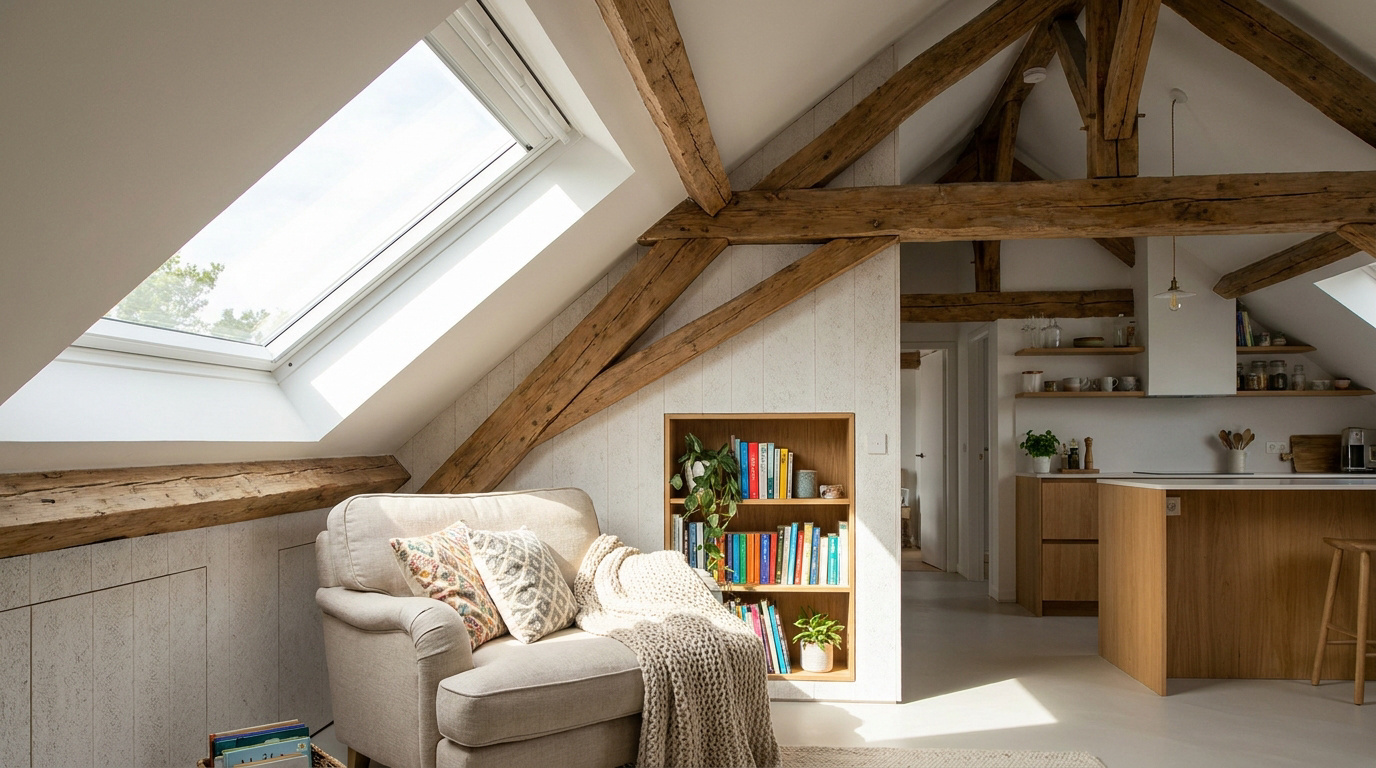 Salon sous combles lumineux avec fauteuil, bibliothèque intégrée, poutres apparentes et cuisine moderne en arrière-plan.