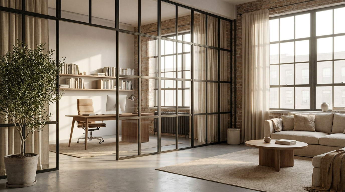 Un intérieur moderne avec une cloison vitrée noire séparant un bureau minimaliste d'un salon cosy, baigné de lumière naturelle.