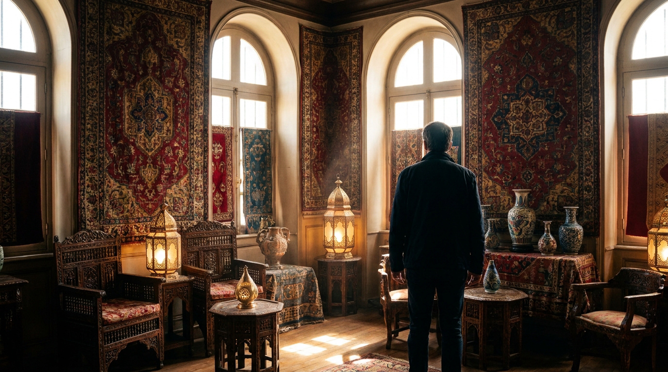 Un homme de dos dans un salon oriental de la Maison Pierre Loti. Murs tapissés, fenêtres voûtées, lanternes, mobilier sculpté, vases.