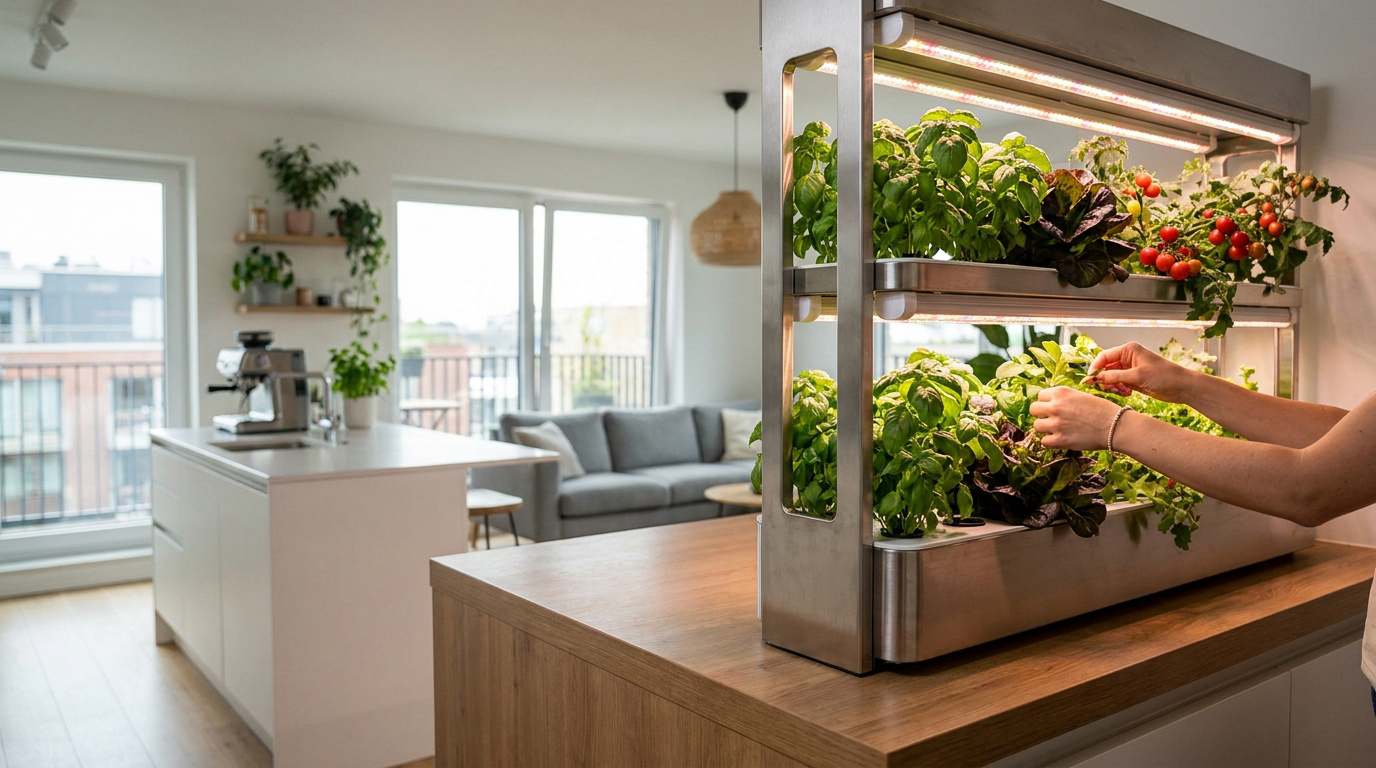 Système de potager intérieur hydroponique avec plusieurs étages de plantes, dont du basilic et des tomates cerises, dans un appartement moderne. Une personne récolte des herbes.