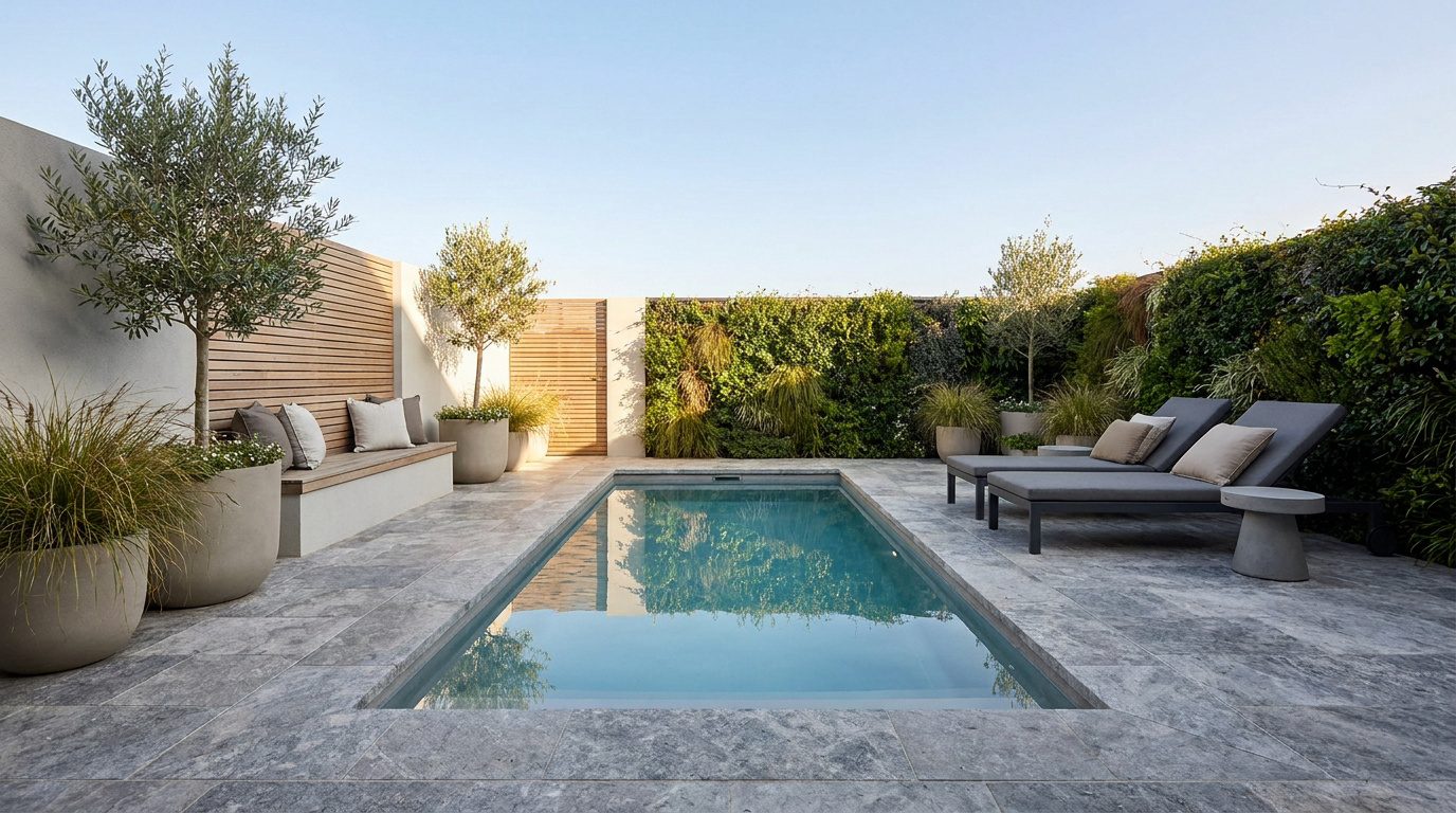 Piscine rectangulaire dans un petit jardin moderne. Terrasse en pierre, banquette bois, mur végétal luxuriant et transats élégants.