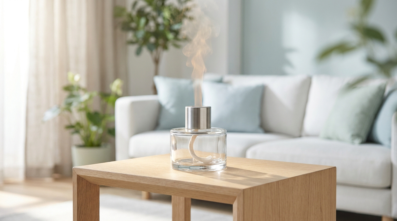 Lampe Berger en verre et métal sur table en bois, émettant de la fumée, dans un salon lumineux avec canapé et plantes.