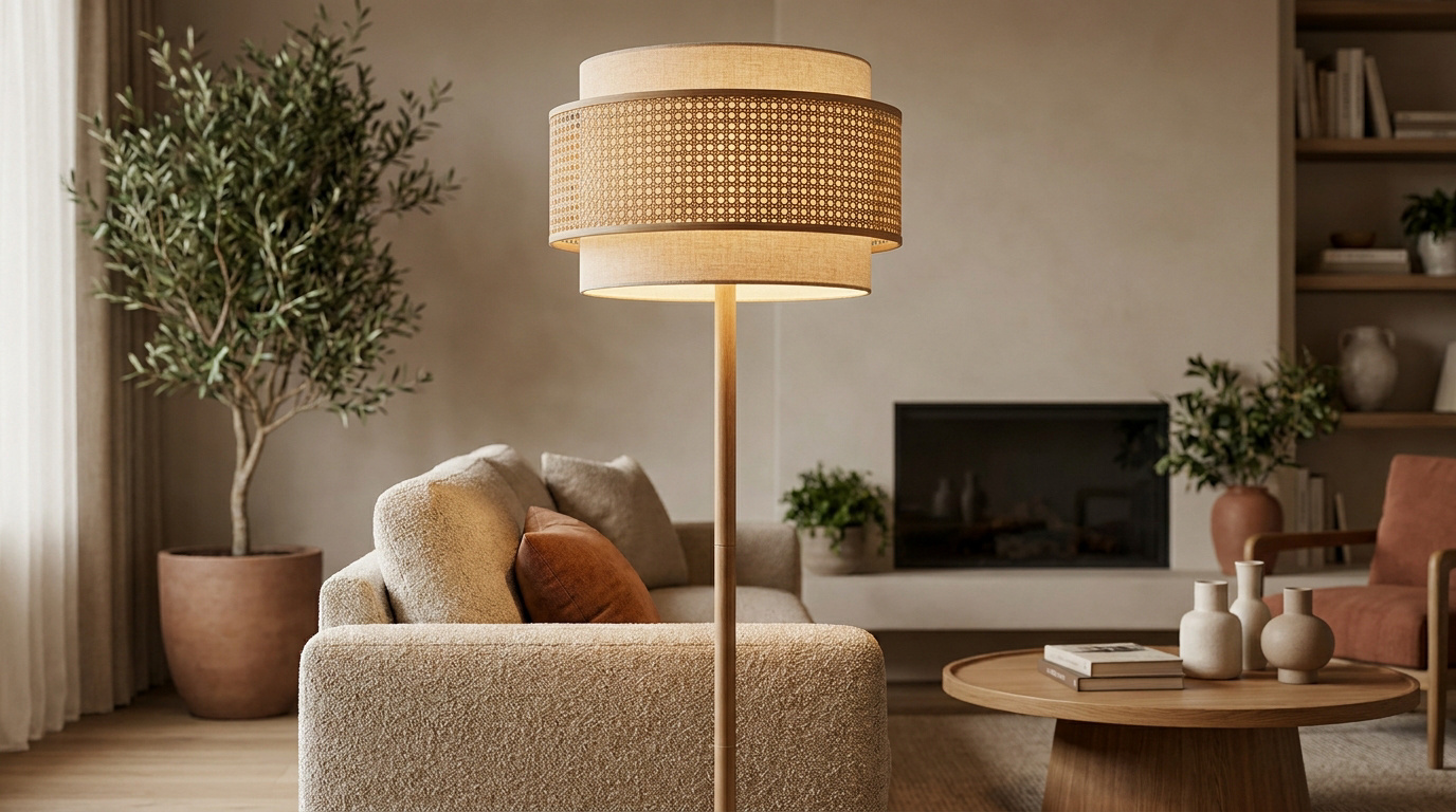Un lampadaire moderne avec un abat-jour à plusieurs niveaux, mêlant rotin tressé et tissu beige, dans un salon apaisant.