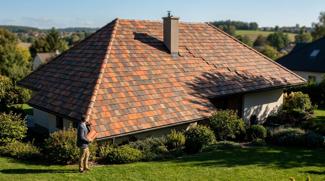 Un homme examine une tuile devant une maison au grand toit coloré, avec un jardin verdoyant et un paysage flou.