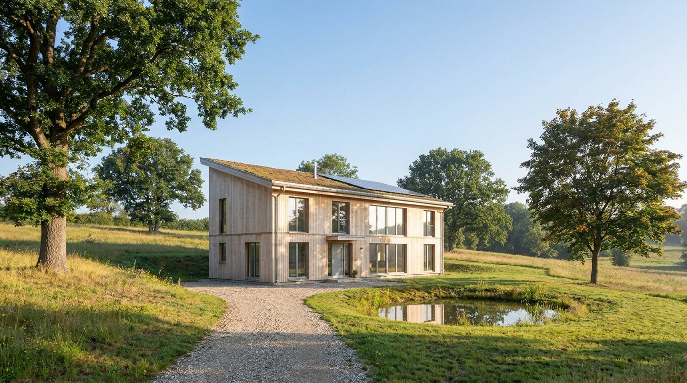 Maison Kokoon en bois clair, toit végétalisé, panneaux solaires, dans une prairie avec étang, arbres. Symbole de l'habitat passif.