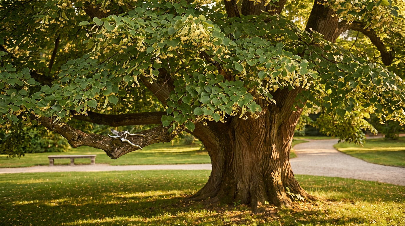 Sécateur sur une branche d'un grand tilleul aux feuilles vertes et petites grappes, dans un parc ensoleillé avec chemin.