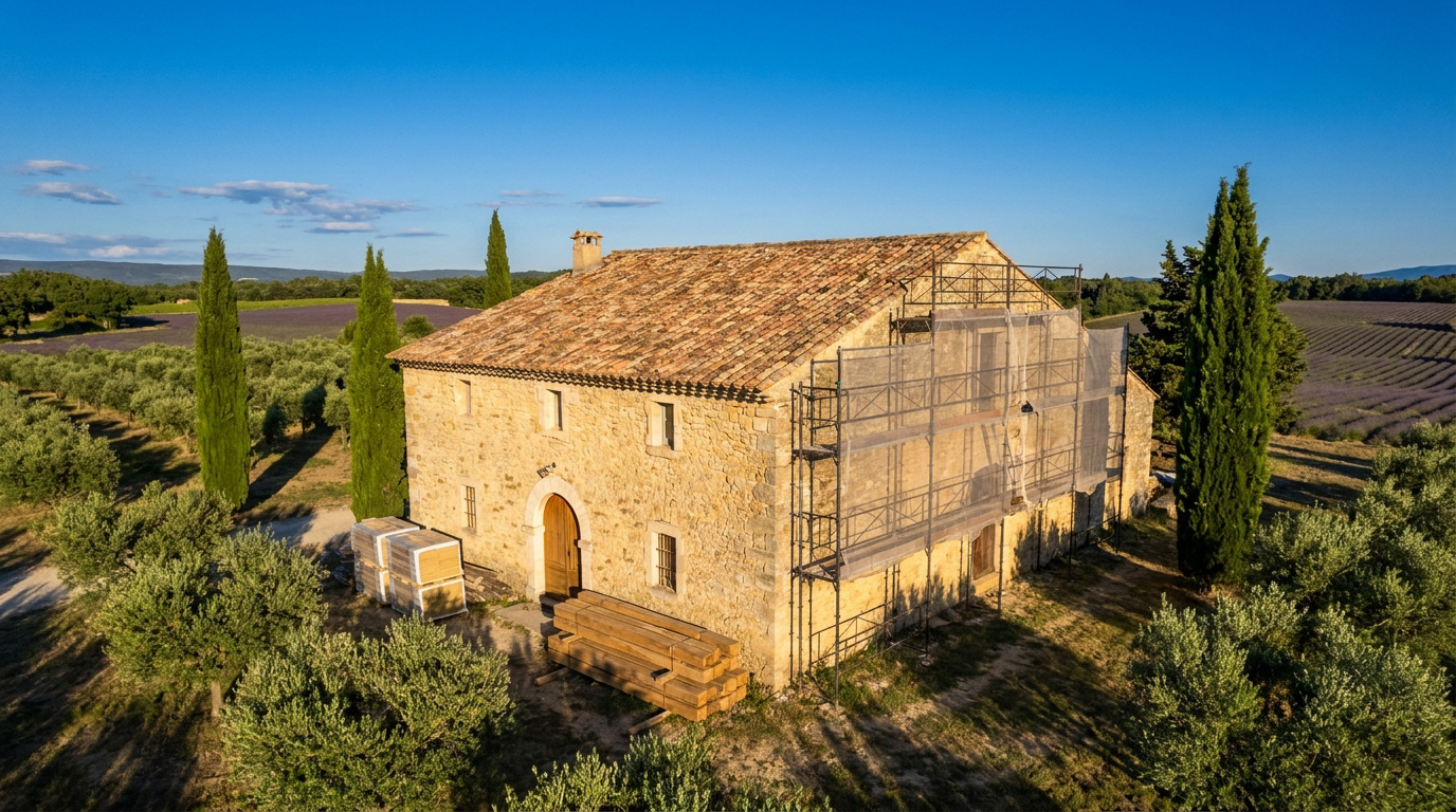 Vue aérienne d'un mas provençal en pierre en rénovation, avec échafaudage, entouré d'oliviers et champs de lavande sous un ciel bleu.