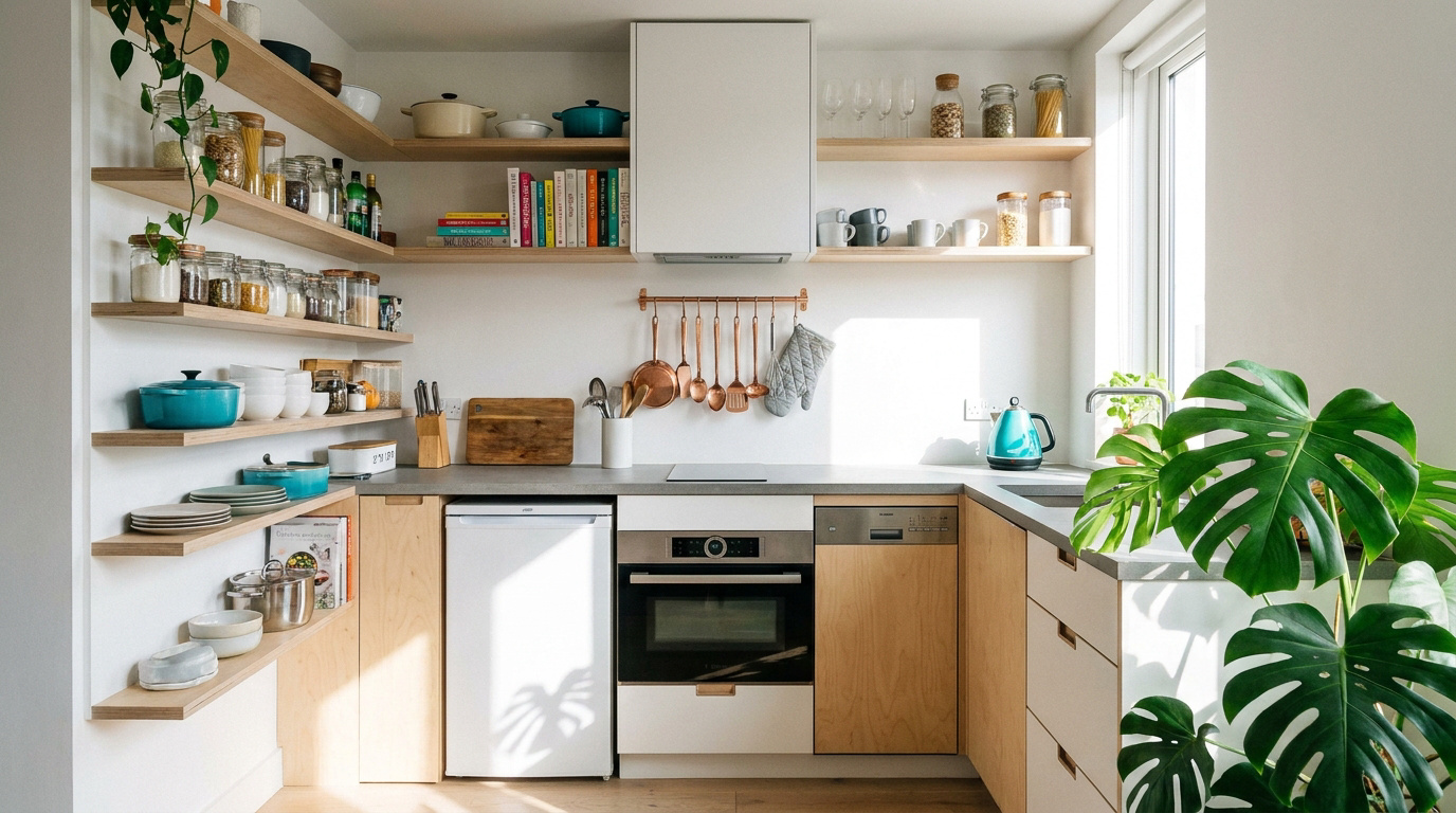 Cuisine moderne lumineuse avec étagères ouvertes en bois, électroménager intégré et une plante Monstera.