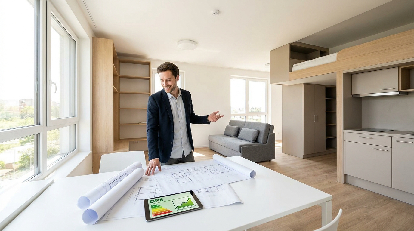 Un homme souriant dans un studio moderne et optimisé. Sur la table, des plans architecturaux et une tablette affichant un DPE.