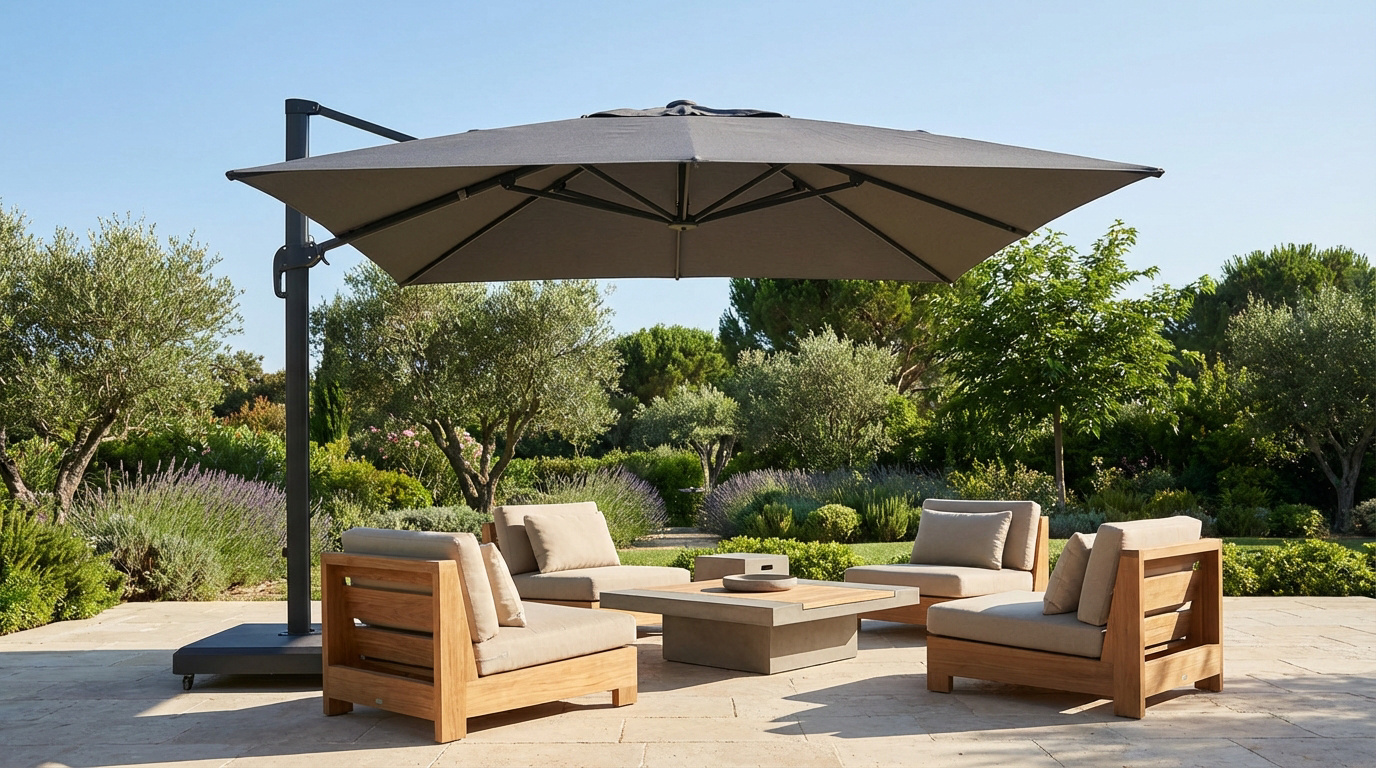Parasol déporté gris couvrant un salon de jardin en bois et coussins beiges sur une terrasse ensoleillée, entouré de verdure.