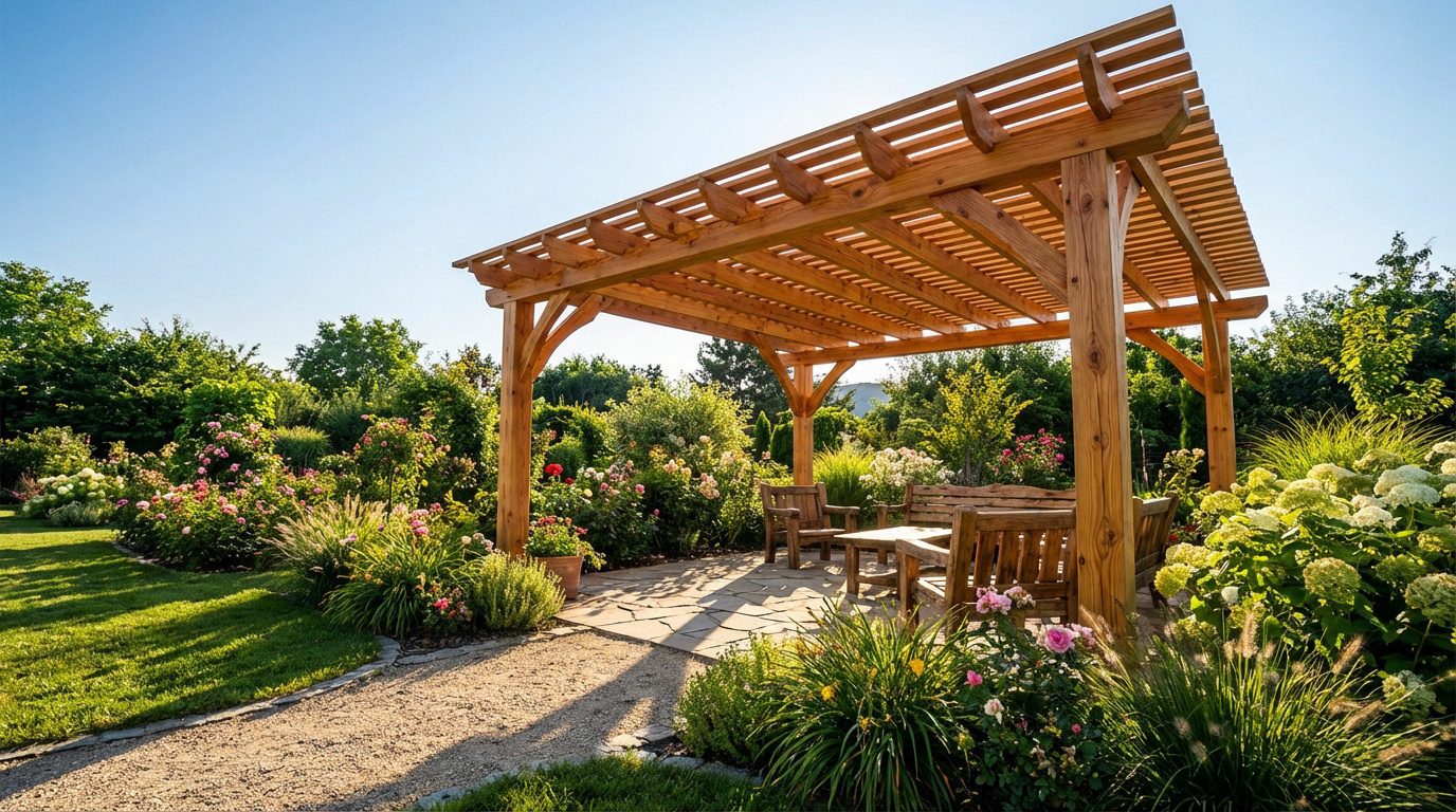 Une grande pergola en bois clair avec un coin repas en bois sur une terrasse en pierre dans un jardin fleuri et verdoyant sous un ciel bleu.