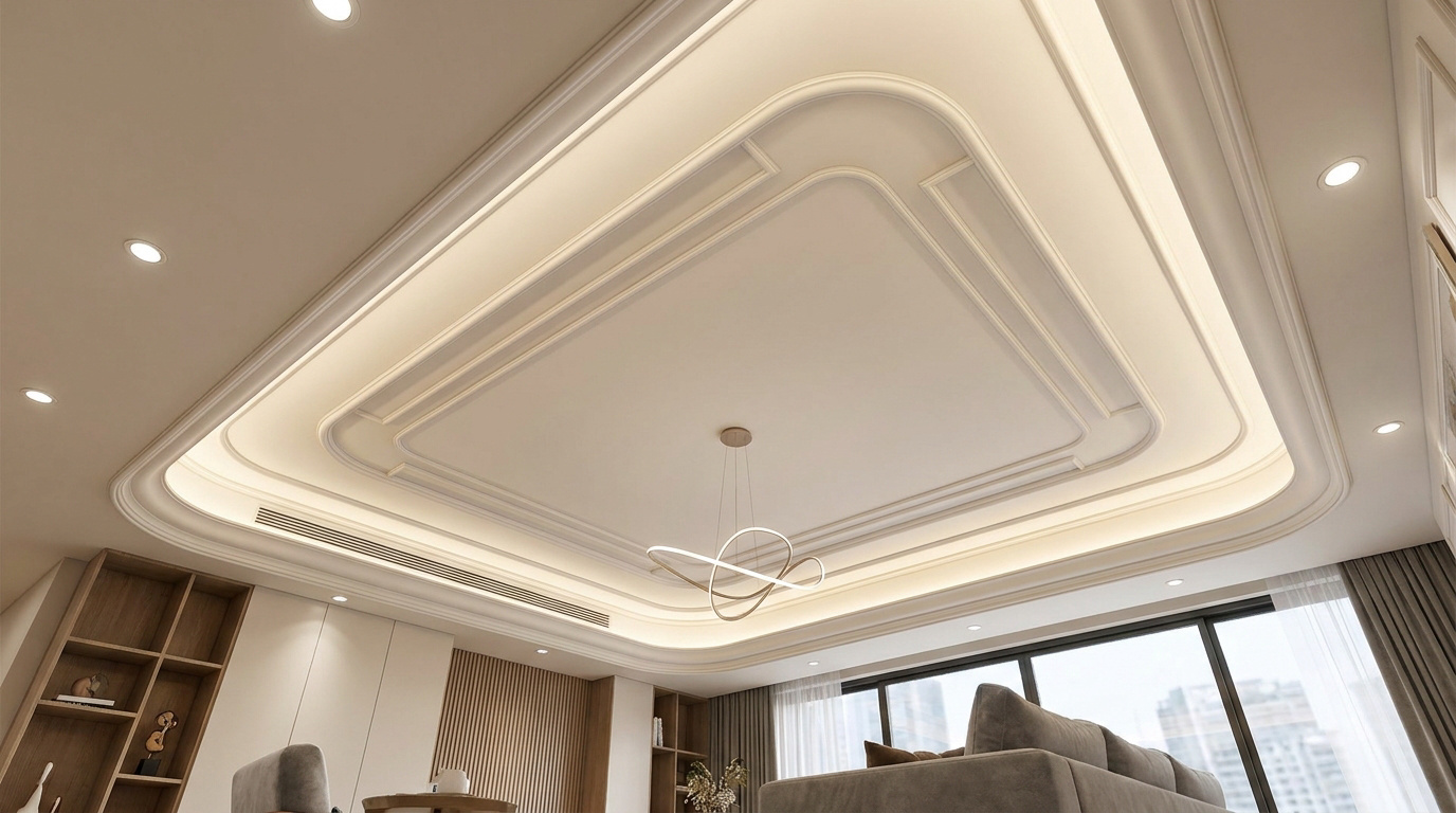 Plafond de salon moderne avec moulures élégantes, éclairage indirect LED, spots et suspension design. Vue sur canapé et fenêtre.
