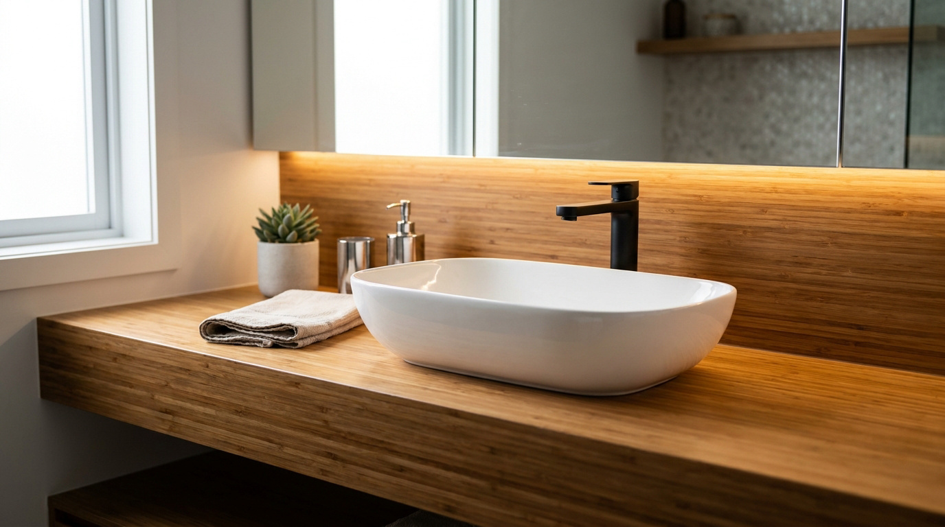 Plan de travail de salle de bain en bois clair avec vasque blanche ovale, robinet noir mat, miroir et éclairage intégré.