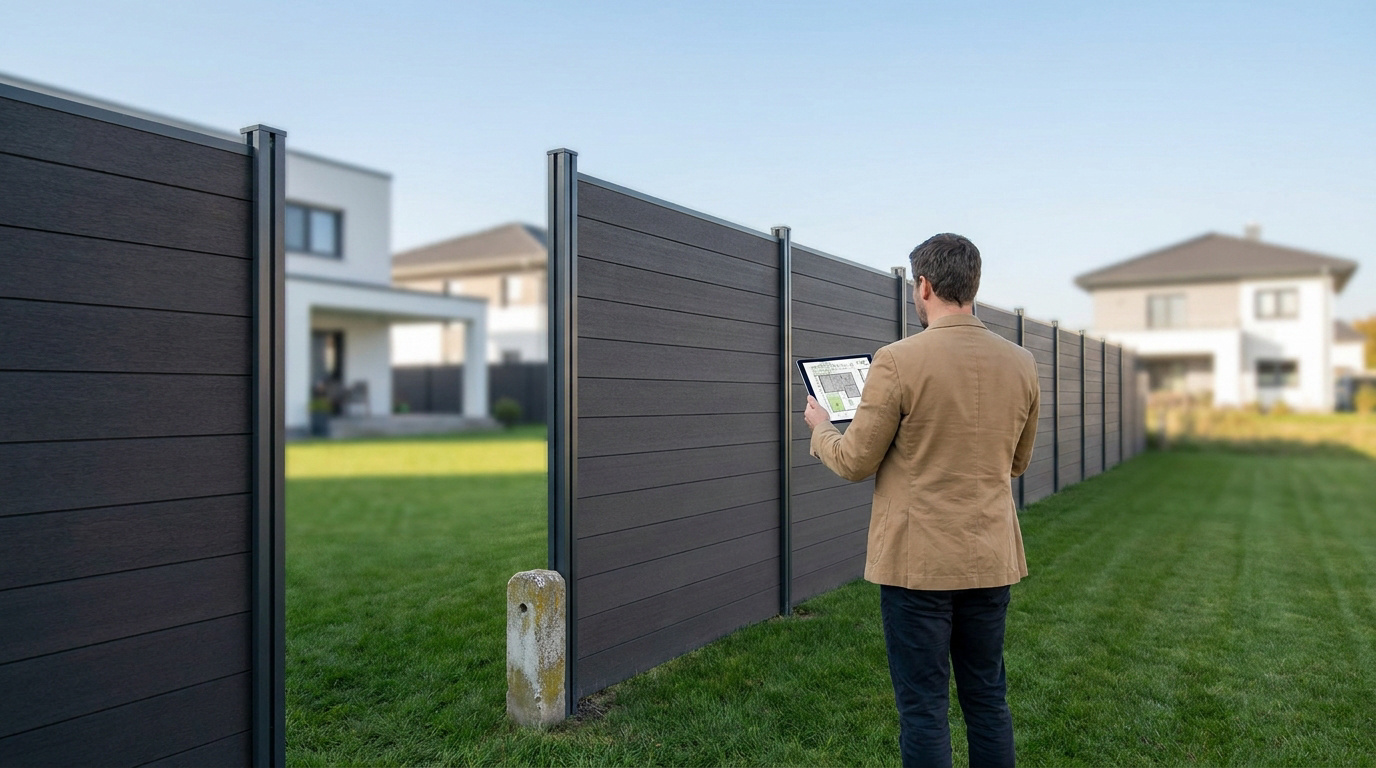 Un homme avec une tablette affichant un plan vérifie une clôture moderne et une borne de propriété dans un jardin.