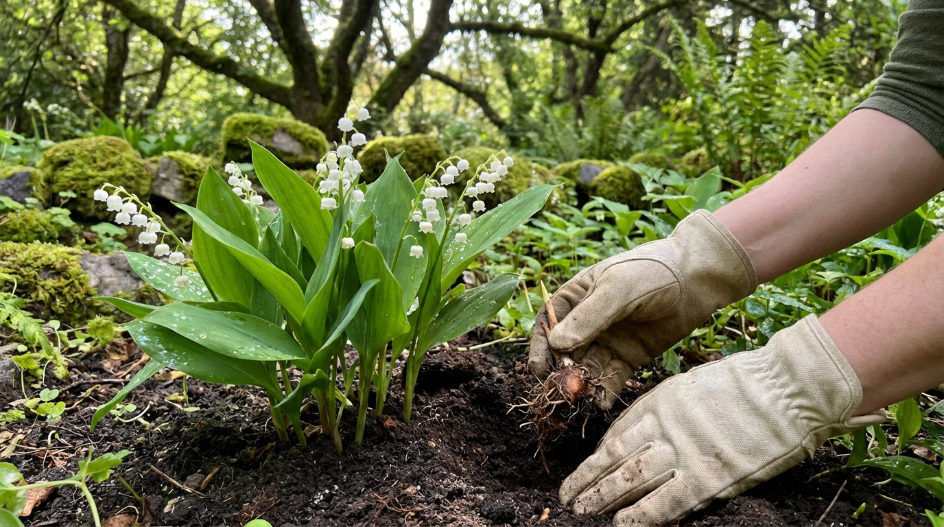 Une personne gantée plante un rhizome de muguet dans la terre à côté de plants fleuris. Arrière-plan verdoyant.