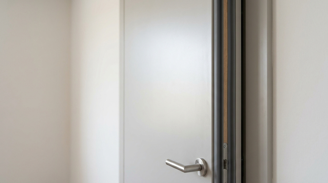Détail d'une porte contemporaine avec poignée en acier brossé, intégrant un système d'isolation phonique avancé sur le cadre.