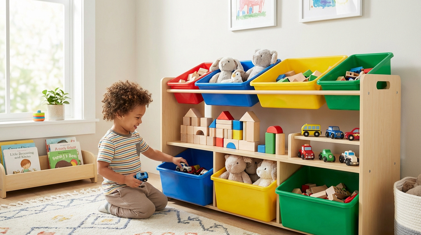 Un enfant souriant interagit avec un meuble de rangement jouets en bois clair, rempli de bacs colorés et de blocs.