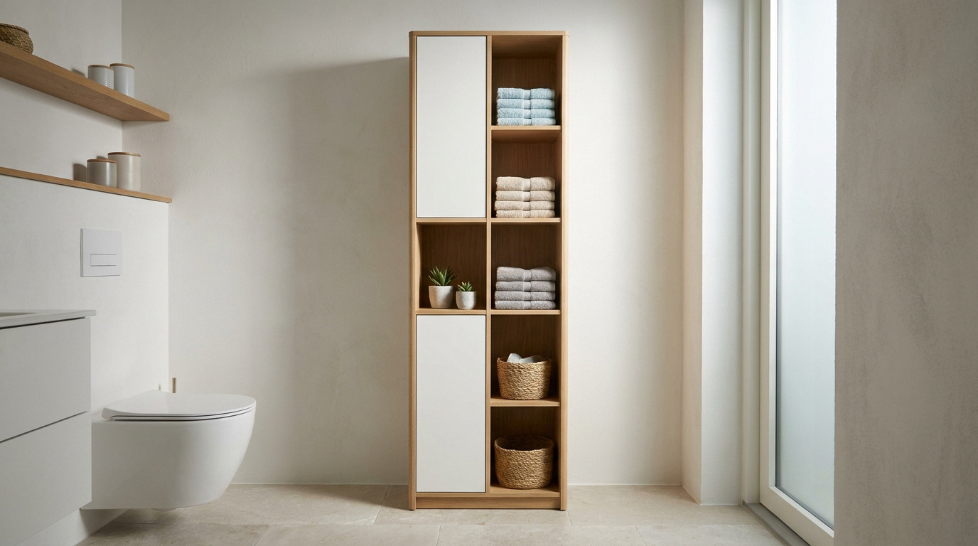 WC moderne et épuré avec meuble de rangement haut en bois clair, portes blanches et étagères ouvertes. Serviettes, plantes et paniers en osier organisés. Toilette suspendue.
