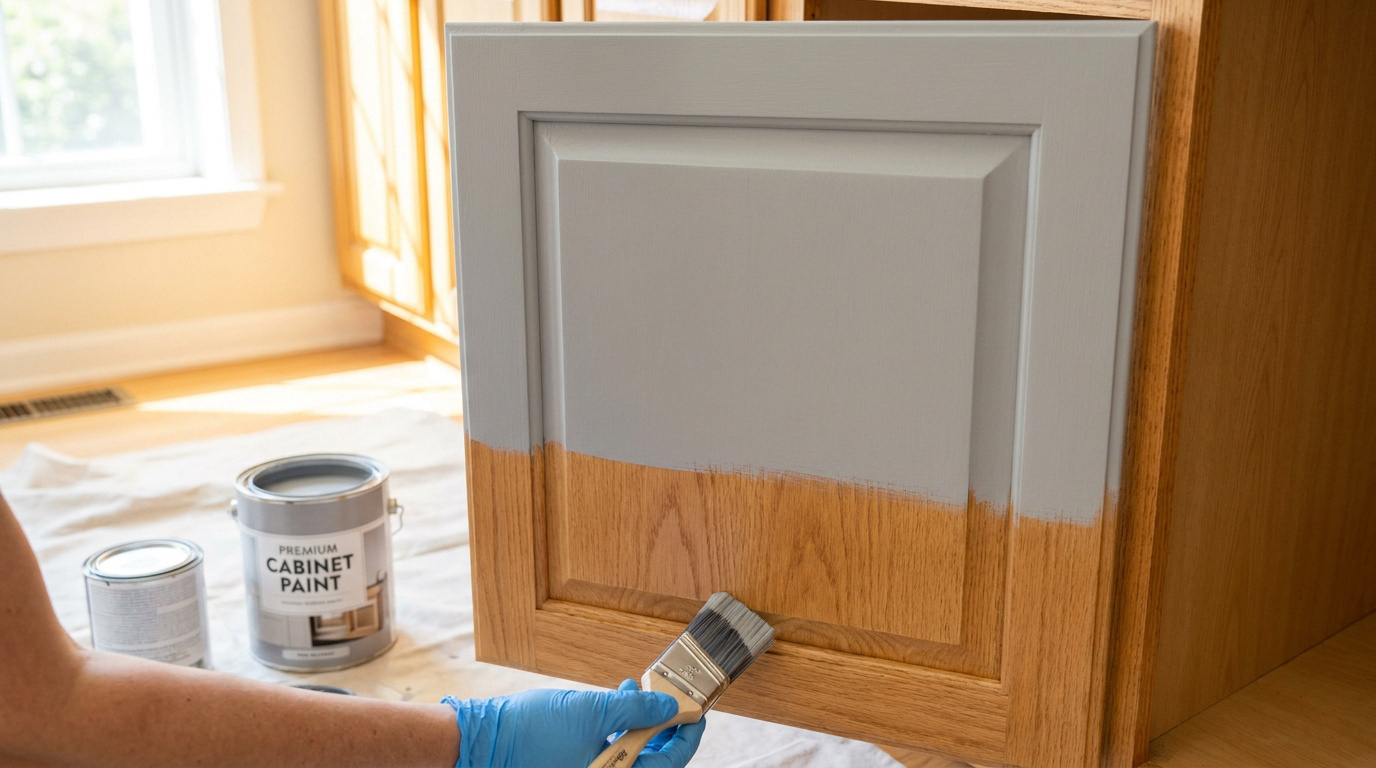 Main gantée de bleu peignant une porte d'armoire de cuisine en bois avec de la peinture grise. Pots de peinture "Premium Cabinet Paint" visibles.