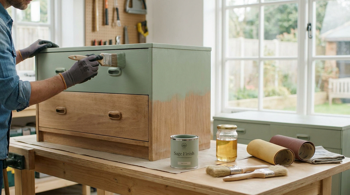 Un homme peint une commode en bois en vert sauge. La partie supérieure est déjà peinte. Peinture et outils sont sur l'établi.