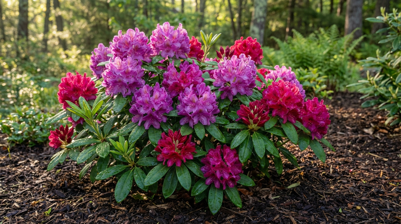 Un buisson de rhododendrons aux fleurs violettes et magenta vives, entouré de paillis, dans un cadre forestier ensoleillé.