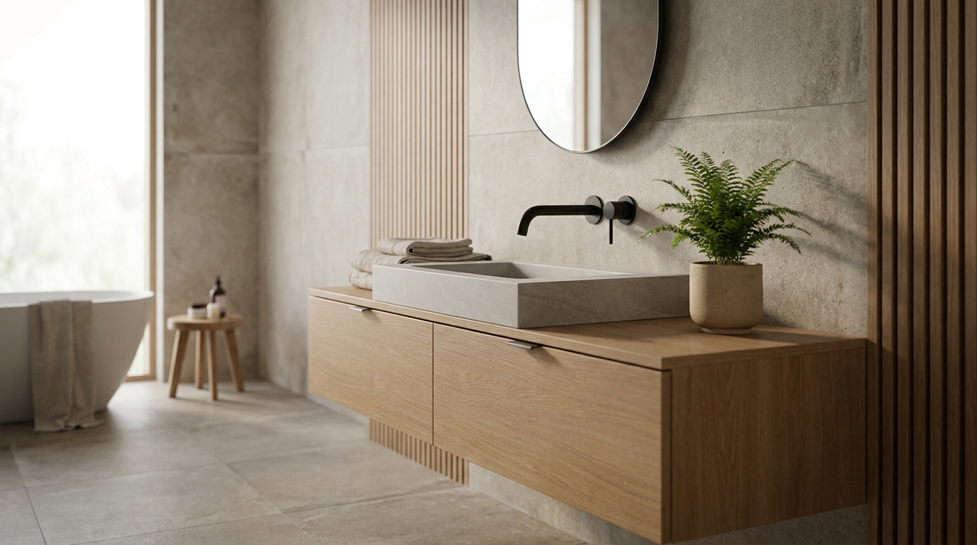 Salle de bain moderne: meuble vasque en bois clair, lavabo rectangulaire, robinetterie noire et miroir rond. Baignoire visible.