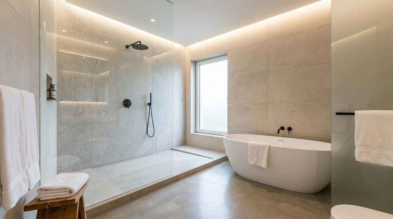 Salle de bain contemporaine lumineuse avec douche à l'italienne, baignoire îlot, carrelage clair et éclairage indirect.
