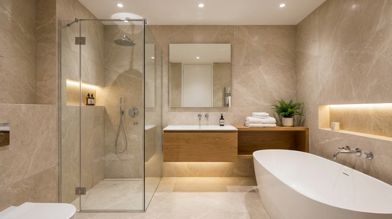 Salle de bain moderne aux tons beige, avec douche italienne vitrée, baignoire îlot ovale, meuble vasque en bois et éclairages LED.