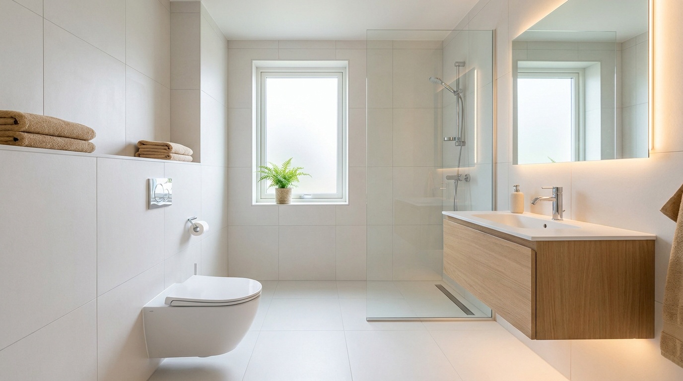 Salle de bain moderne avec carrelage blanc, toilette suspendue, douche à l'italienne, meuble vasque en bois et miroir LED.
